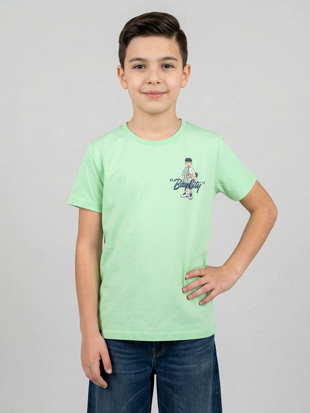 Boys Green Printed Round Neck Half Sleeve T-Shirt
