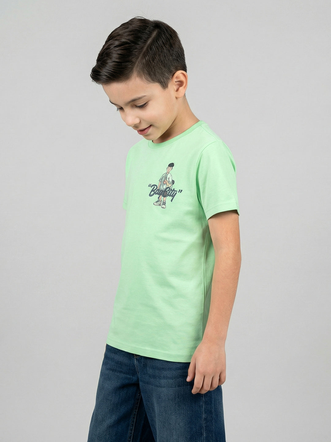 Boys Green Printed Round Neck Half Sleeve T-Shirt
