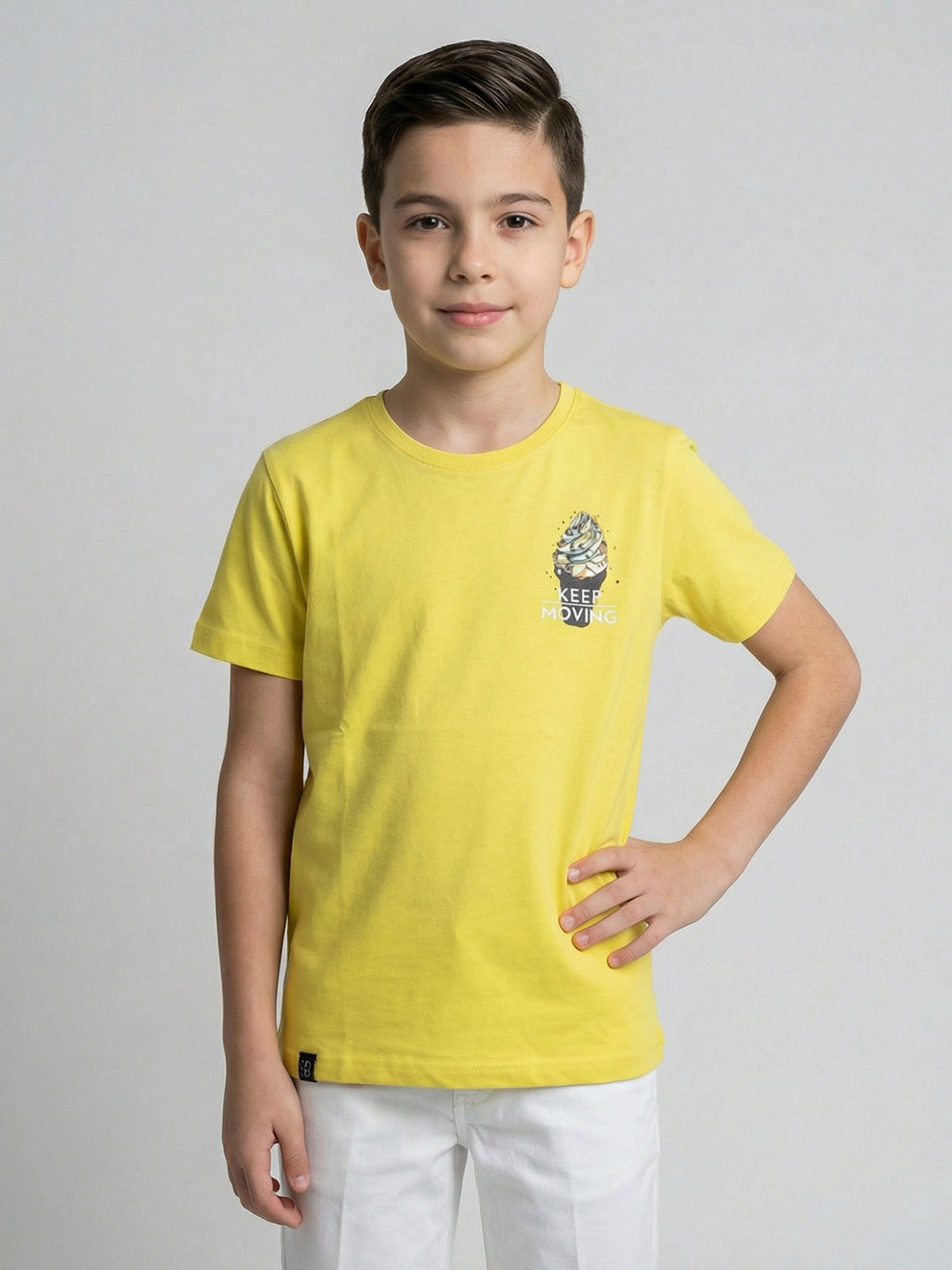 Boys Yellow Printed Round Neck Half Sleeve T-Shirt