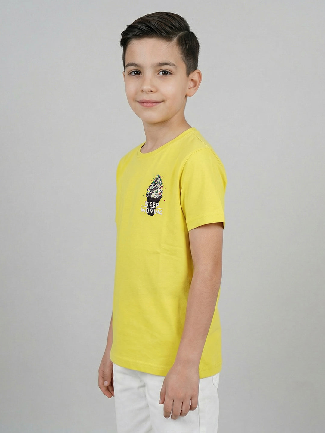Boys Yellow Printed Round Neck Half Sleeve T-Shirt