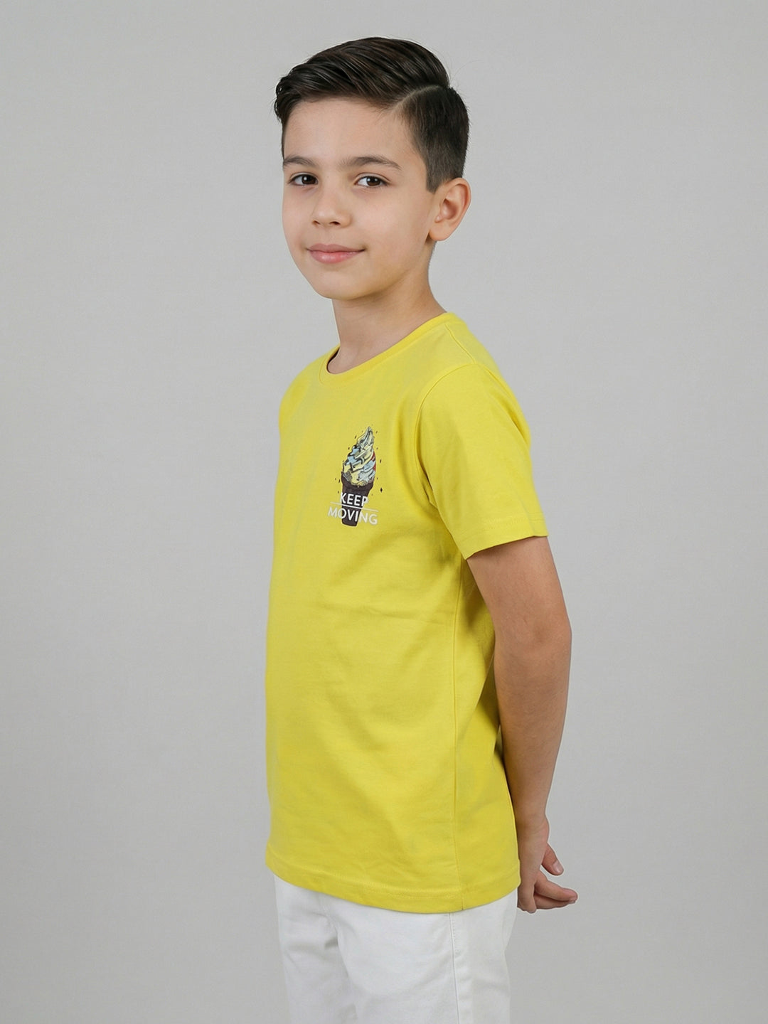 Boys Yellow Printed Round Neck Half Sleeve T-Shirt