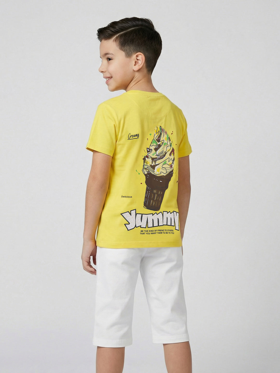 Boys Yellow Printed Round Neck Half Sleeve T-Shirt