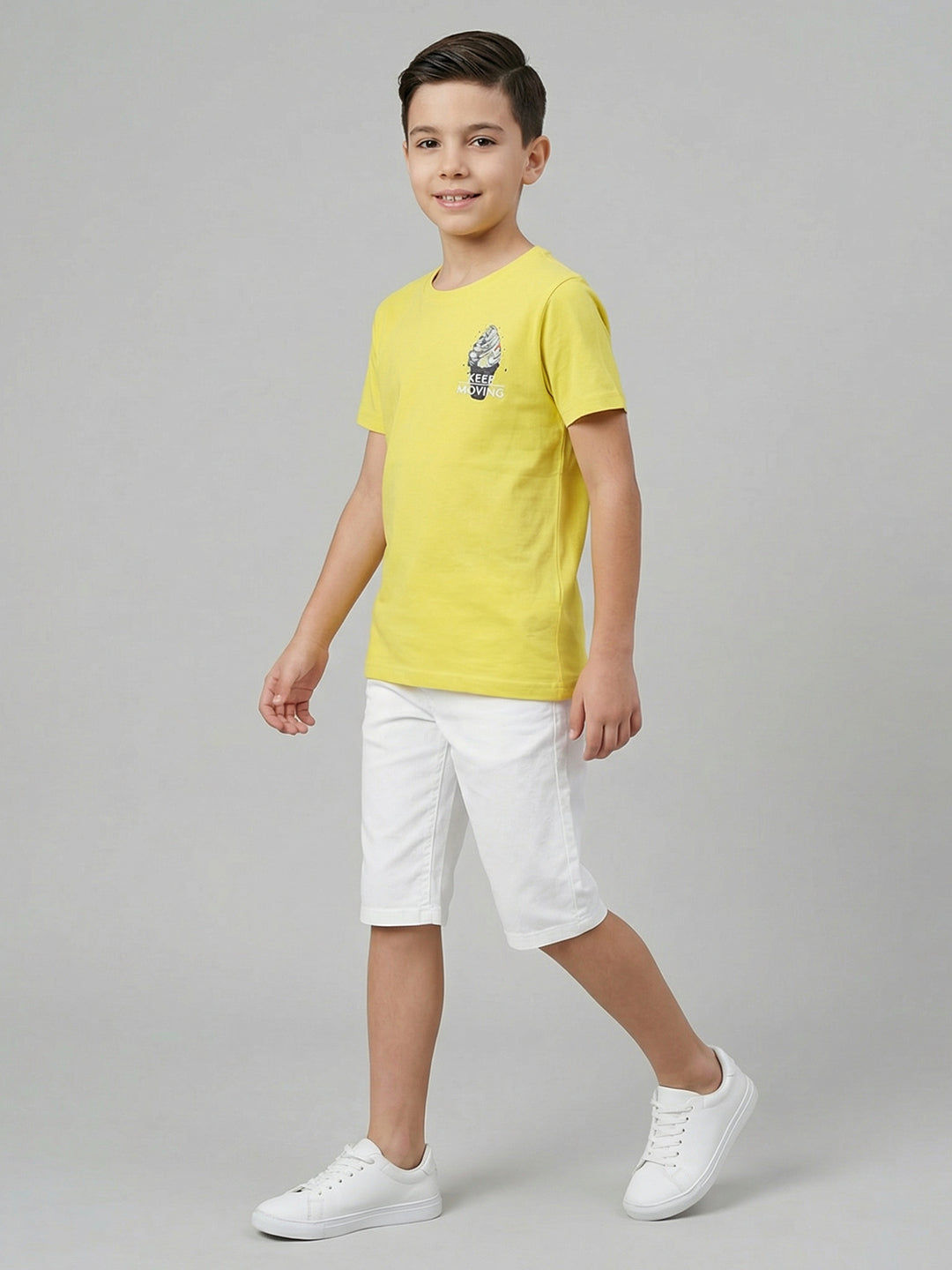 Boys Yellow Printed Round Neck Half Sleeve T-Shirt