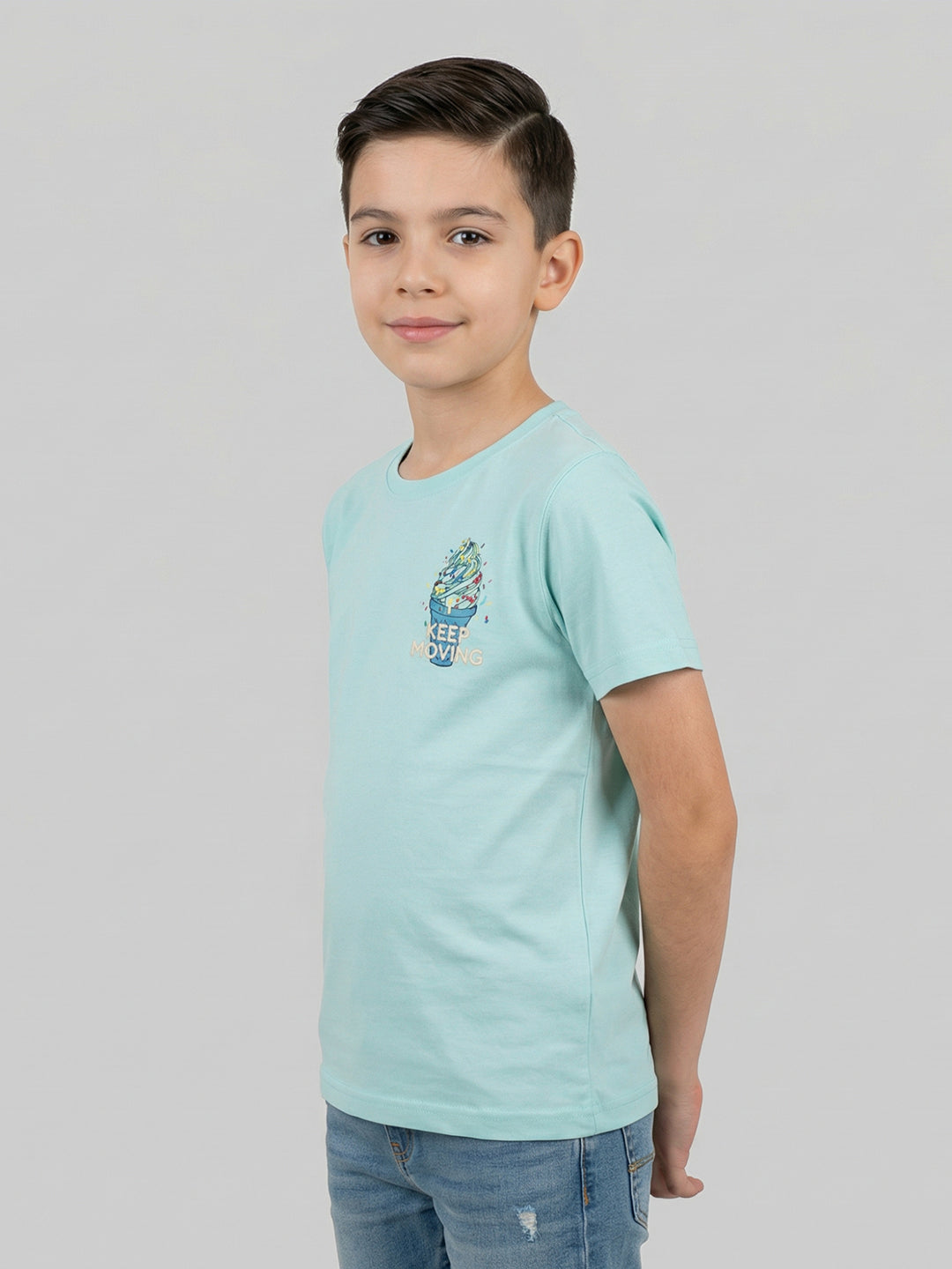 Boys Green Printed Round Neck Half Sleeve T-Shirt