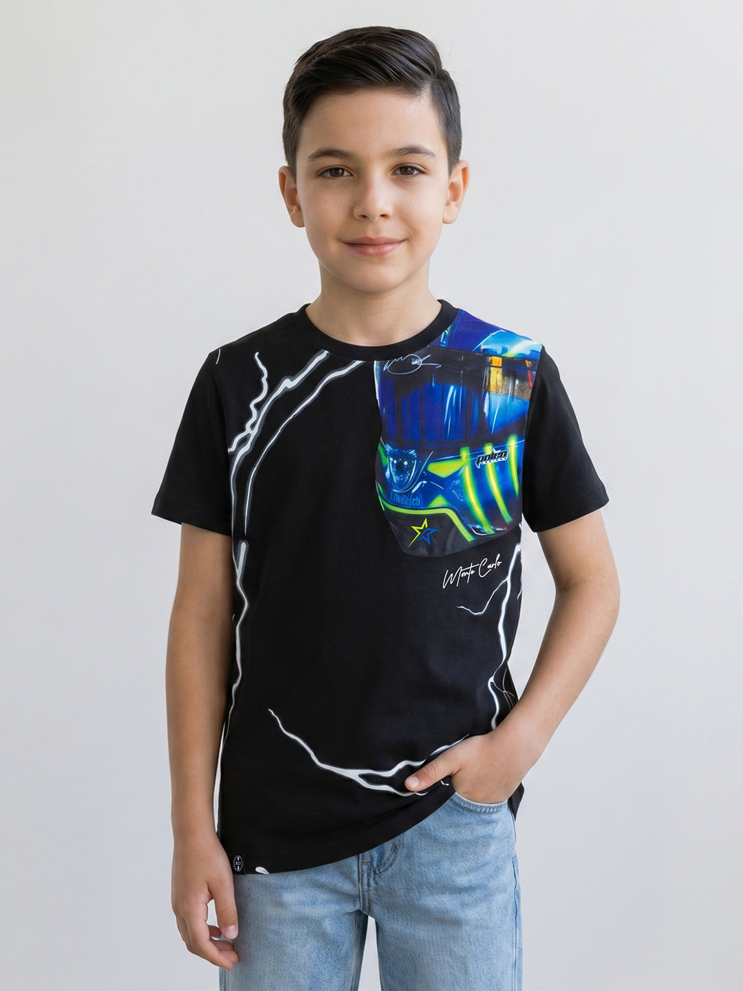 Boys Black Printed Round Neck Half Sleeve T-Shirt