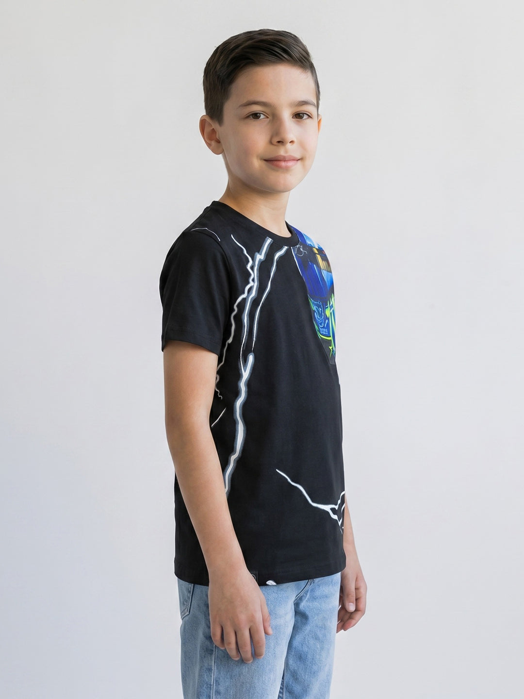 Boys Black Printed Round Neck Half Sleeve T-Shirt
