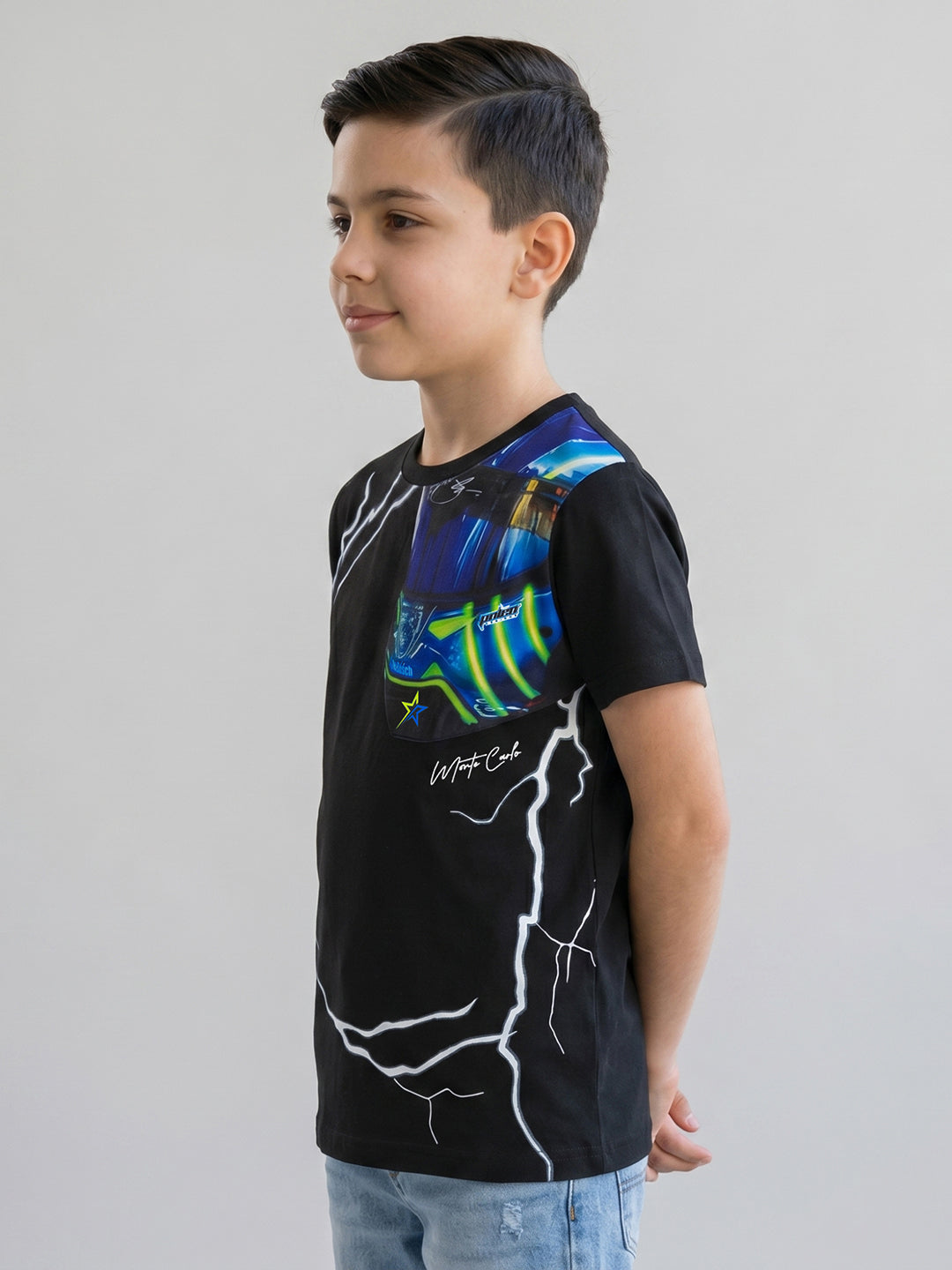 Boys Black Printed Round Neck Half Sleeve T-Shirt