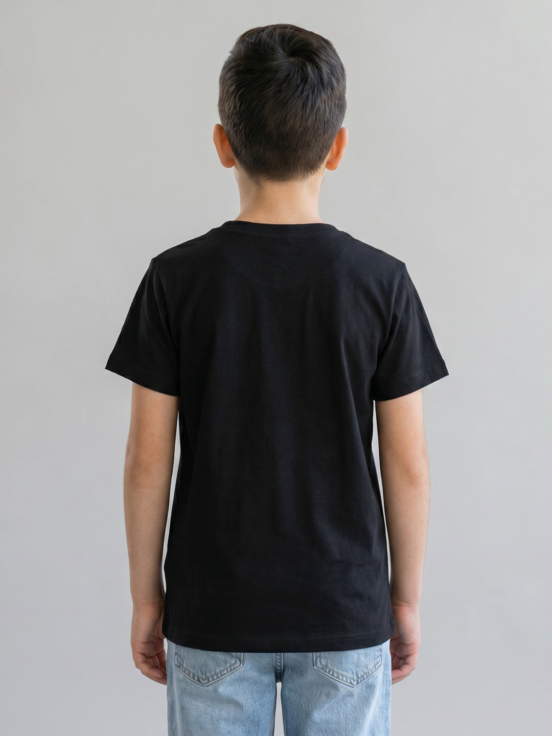 Boys Black Printed Round Neck Half Sleeve T-Shirt