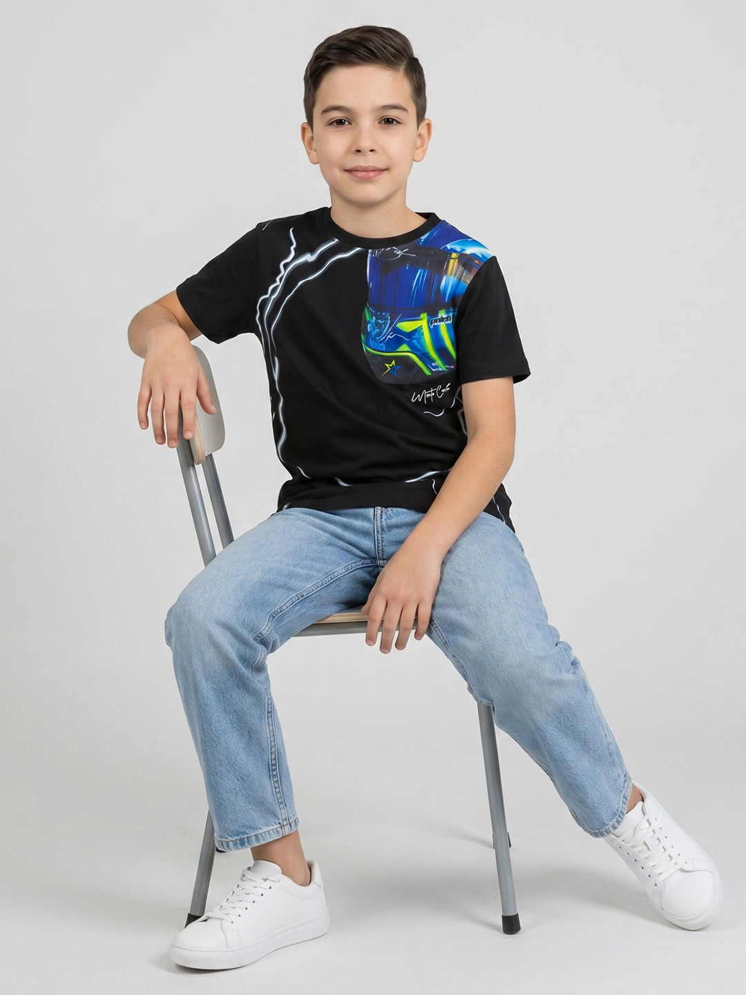 Boys Black Printed Round Neck Half Sleeve T-Shirt