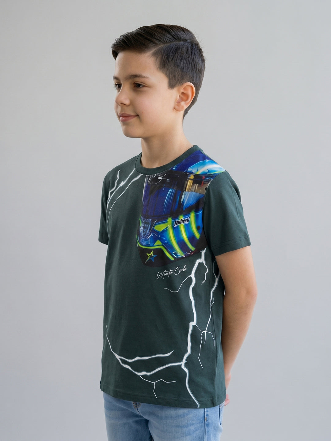 Boys Teal Blue Printed Round Neck Half Sleeve T-Shirt