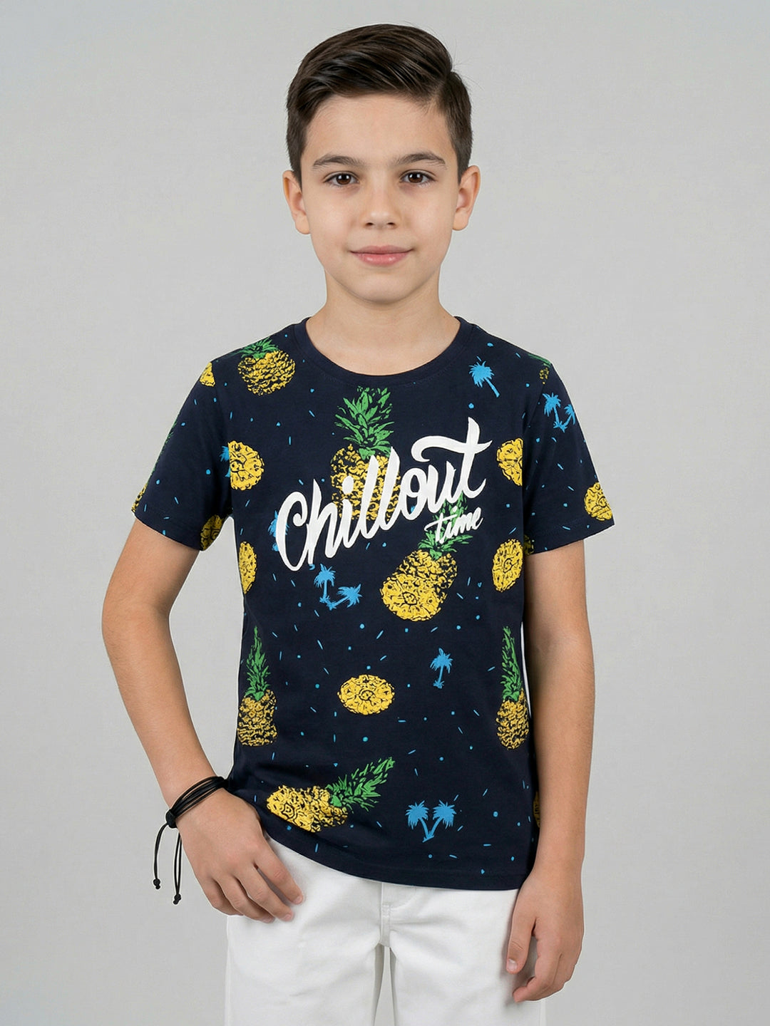 Boys Navy Blue Printed Round Neck Half Sleeve T-Shirt