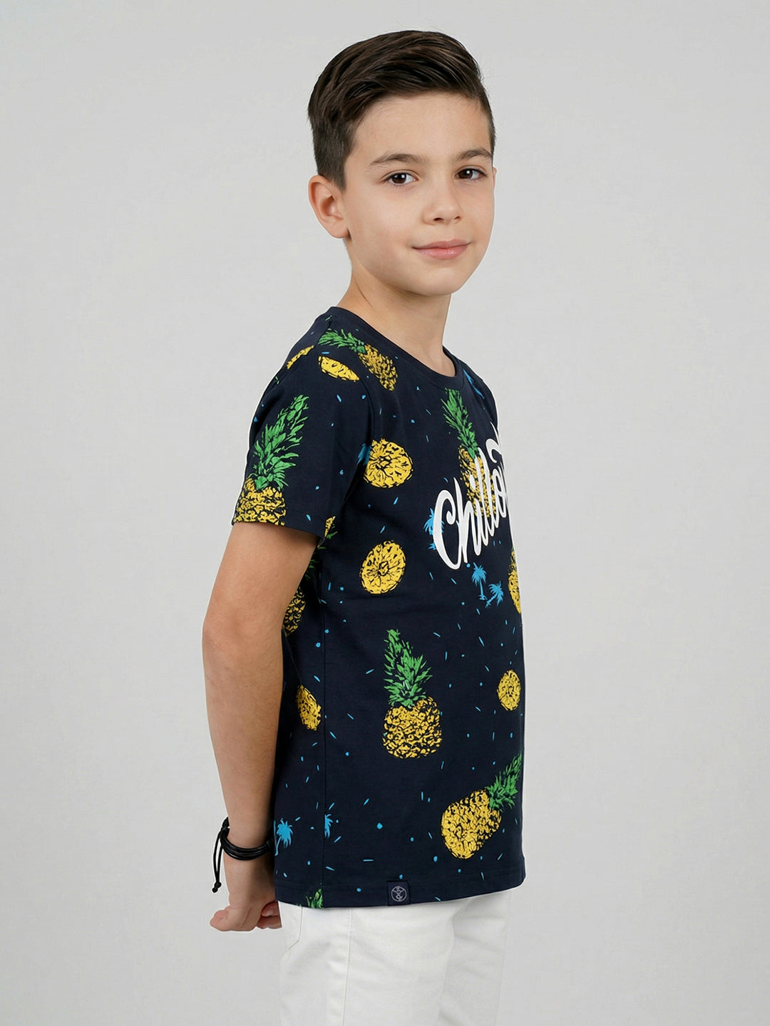 Boys Navy Blue Printed Round Neck Half Sleeve T-Shirt