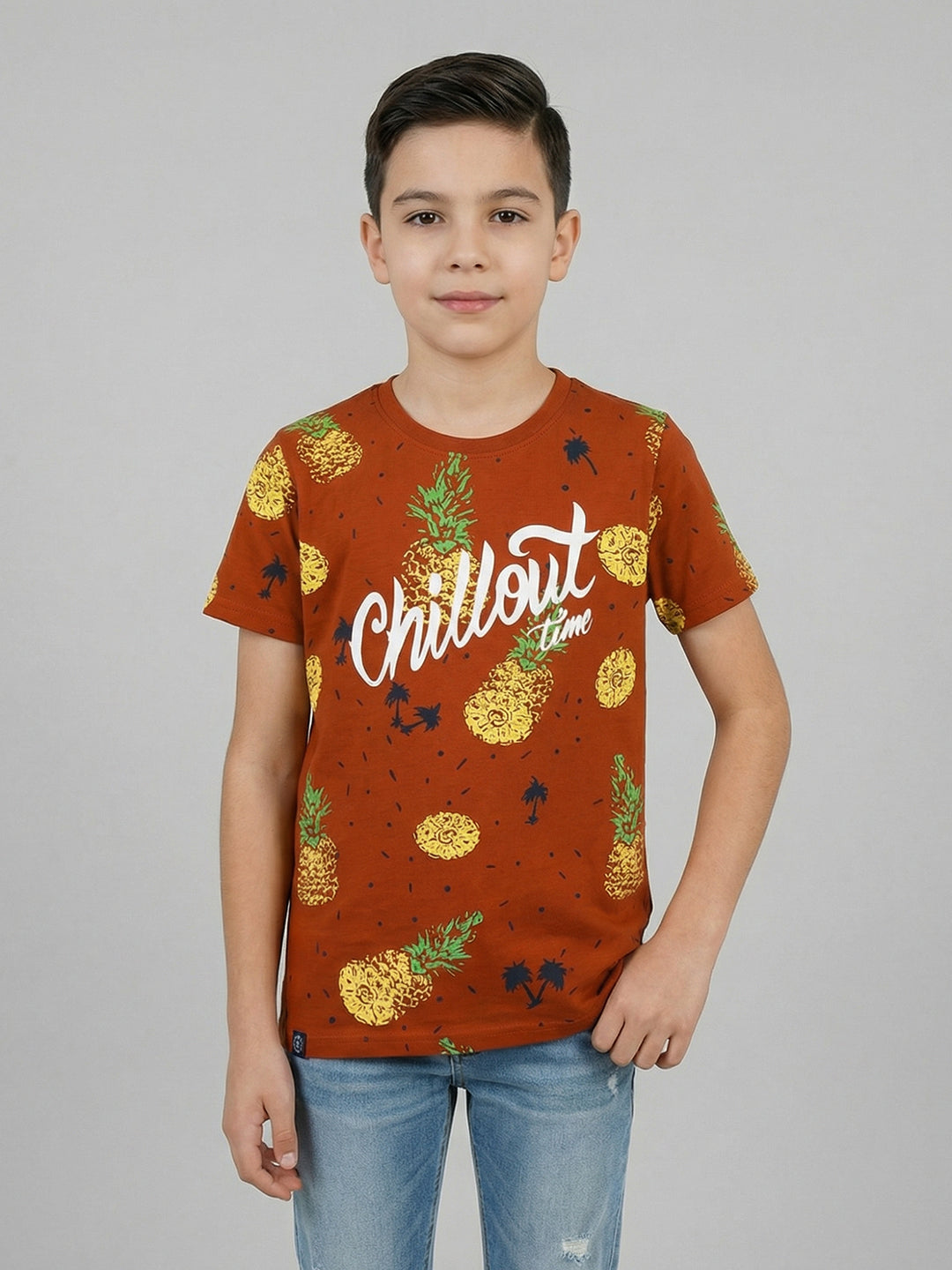 Boys Tan Printed Round Neck Half Sleeve T-Shirt