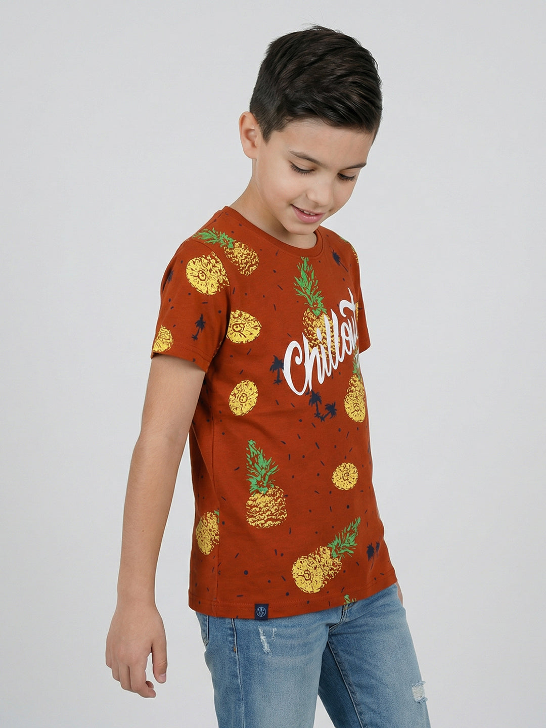 Boys Tan Printed Round Neck Half Sleeve T-Shirt
