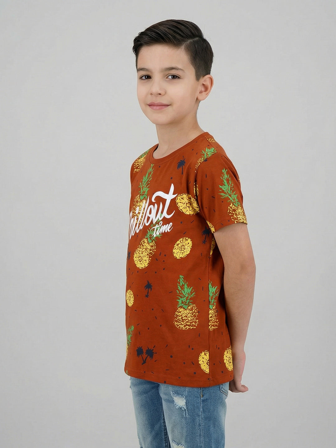Boys Tan Printed Round Neck Half Sleeve T-Shirt