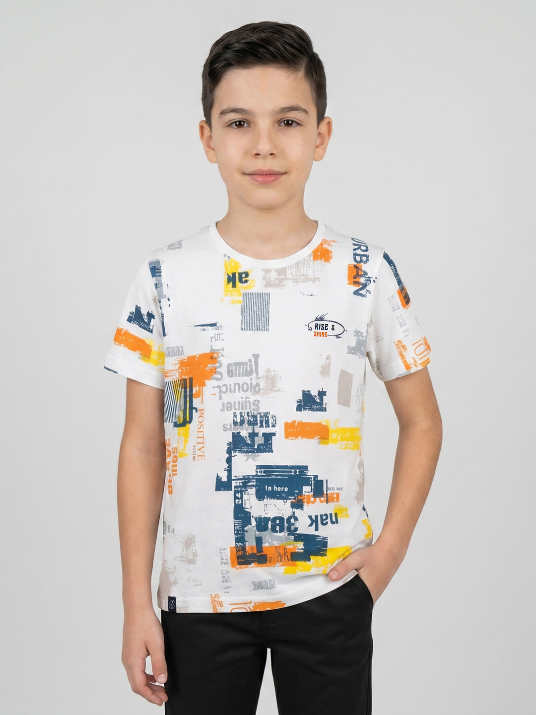 Boys White Printed Round Neck Half Sleeve T-Shirt