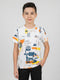 Boys White Printed Round Neck Half Sleeve T-Shirt