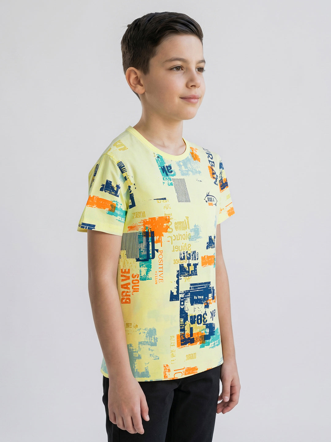 Boys Yellow Printed Round Neck Half Sleeve T-Shirt
