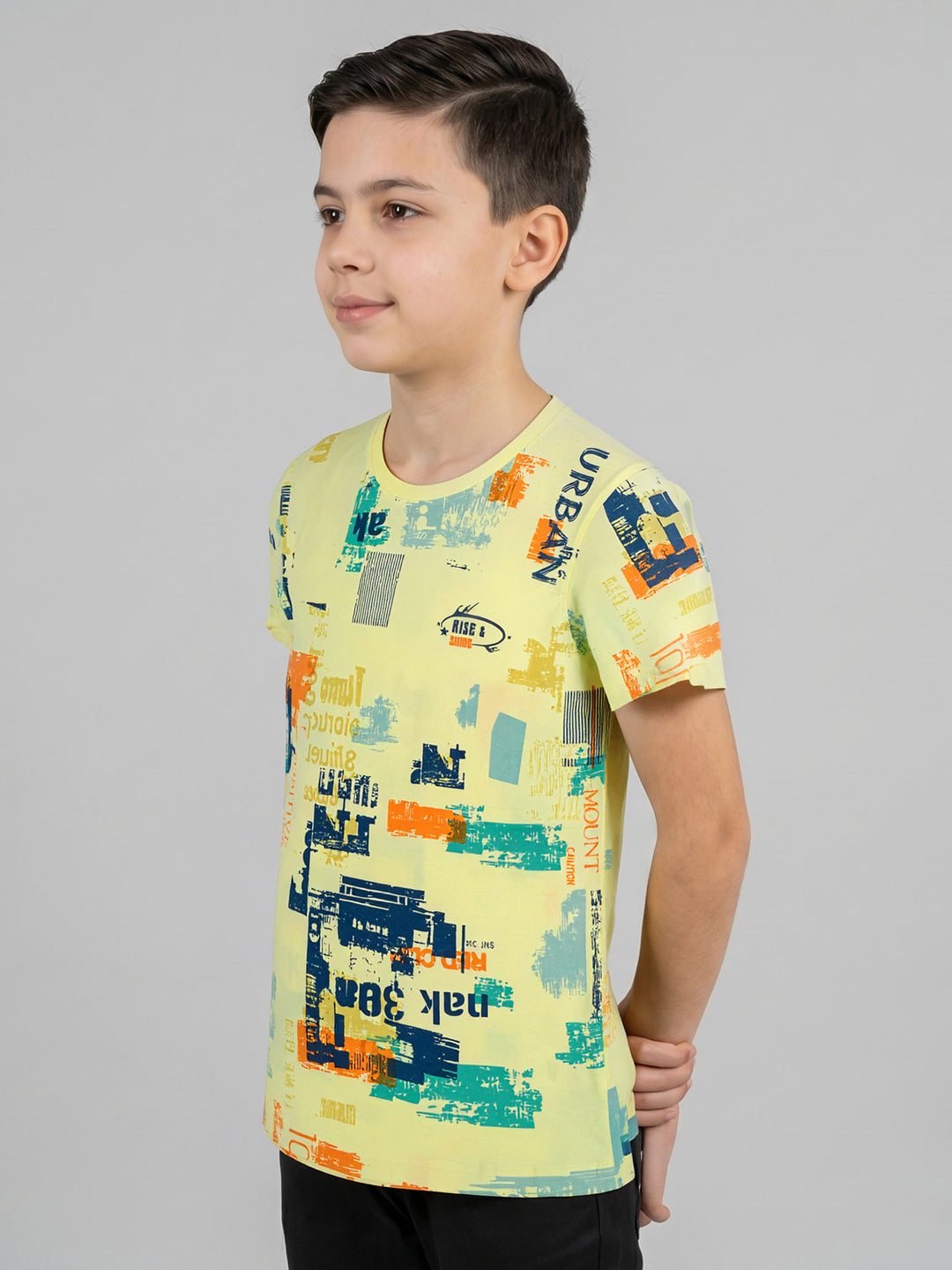 Boys Yellow Printed Round Neck Half Sleeve T-Shirt