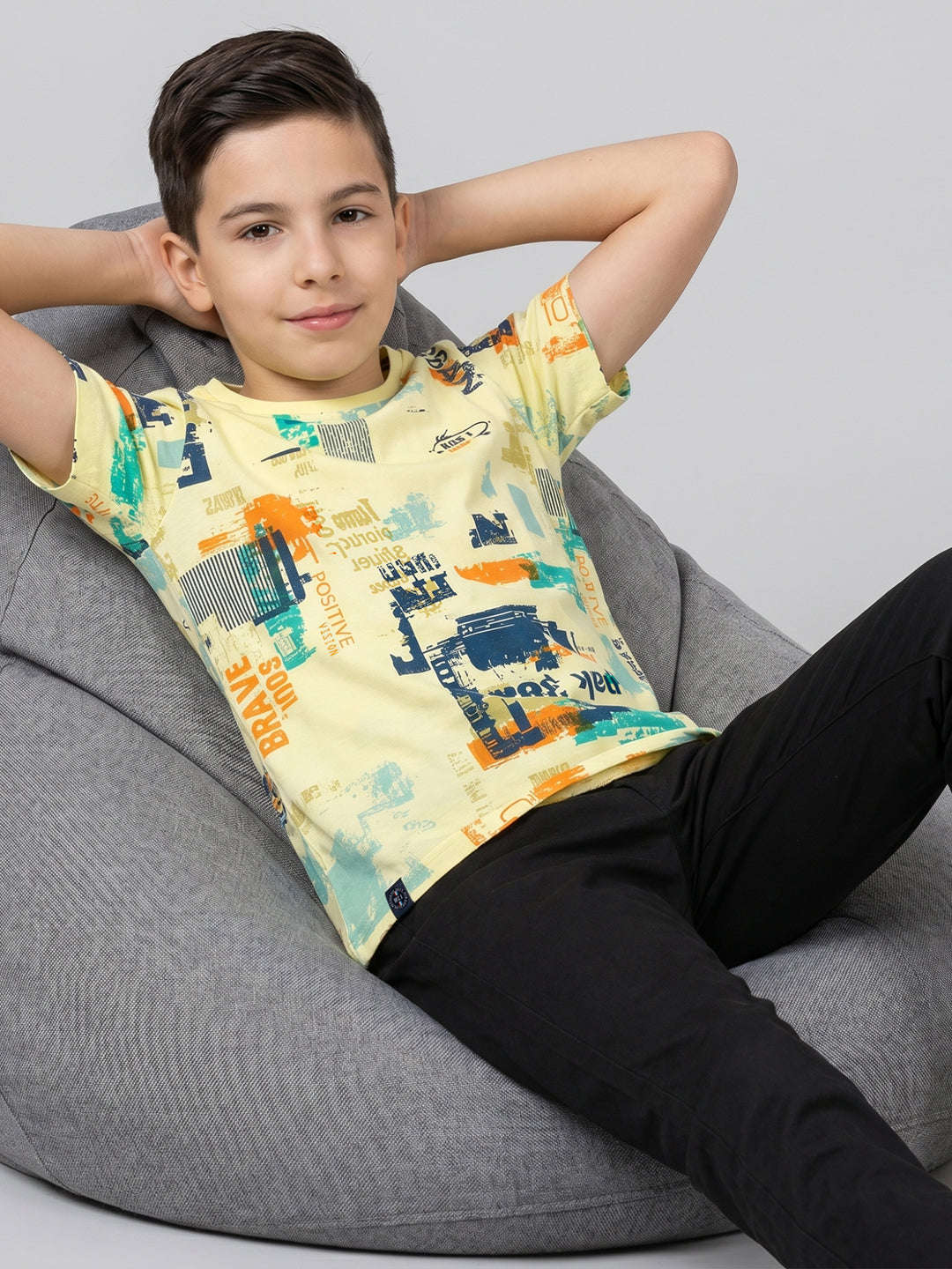 Boys Yellow Printed Round Neck Half Sleeve T-Shirt
