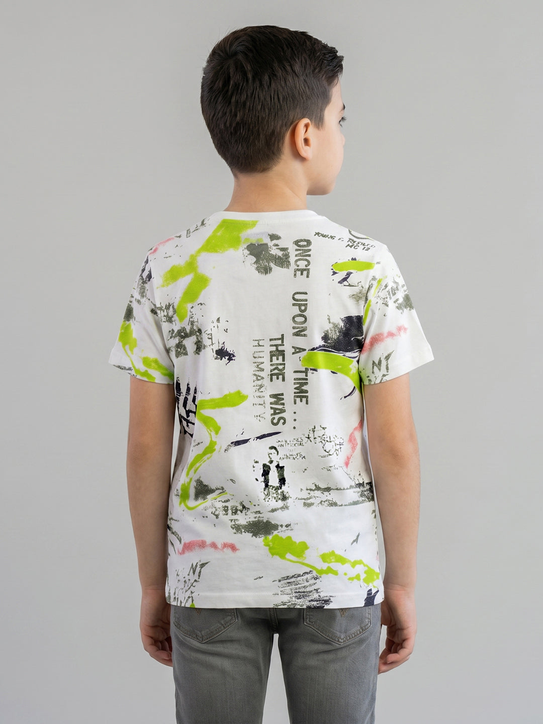 Boys White Printed Round Neck Half Sleeve T-Shirt