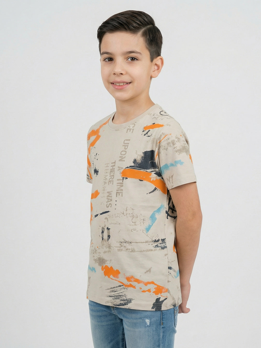 Boys Beige Printed Round Neck Half Sleeve T-Shirt