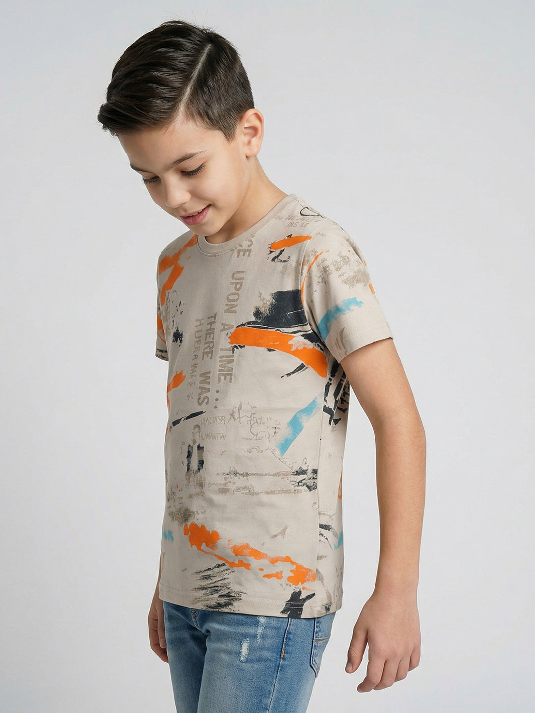 Boys Beige Printed Round Neck Half Sleeve T-Shirt