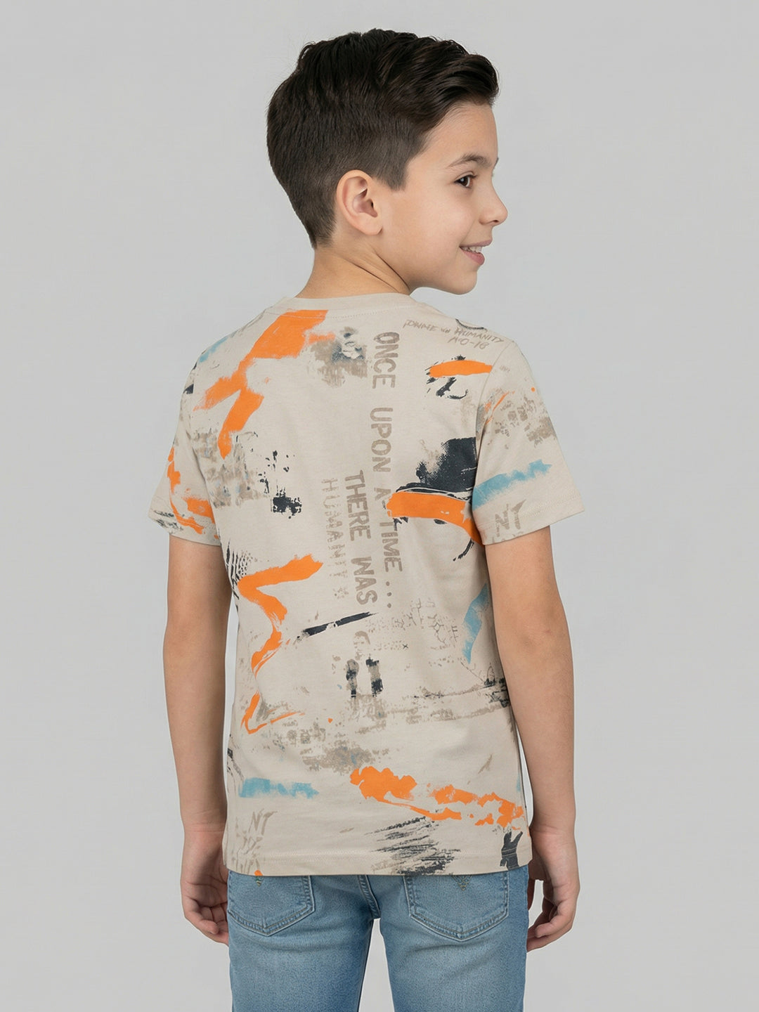 Boys Beige Printed Round Neck Half Sleeve T-Shirt
