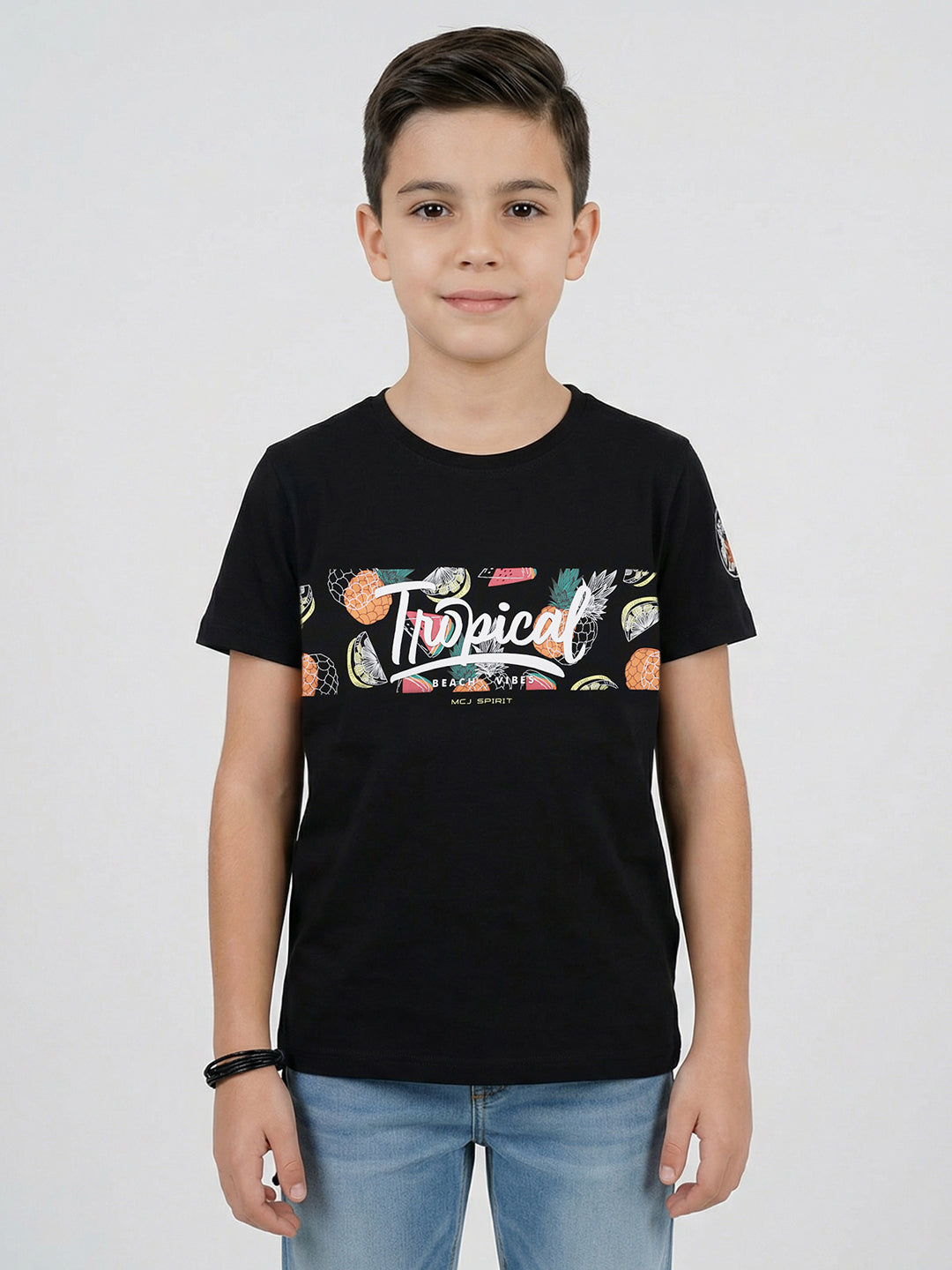 Boys Black Printed Round Neck Half Sleeve T-Shirt