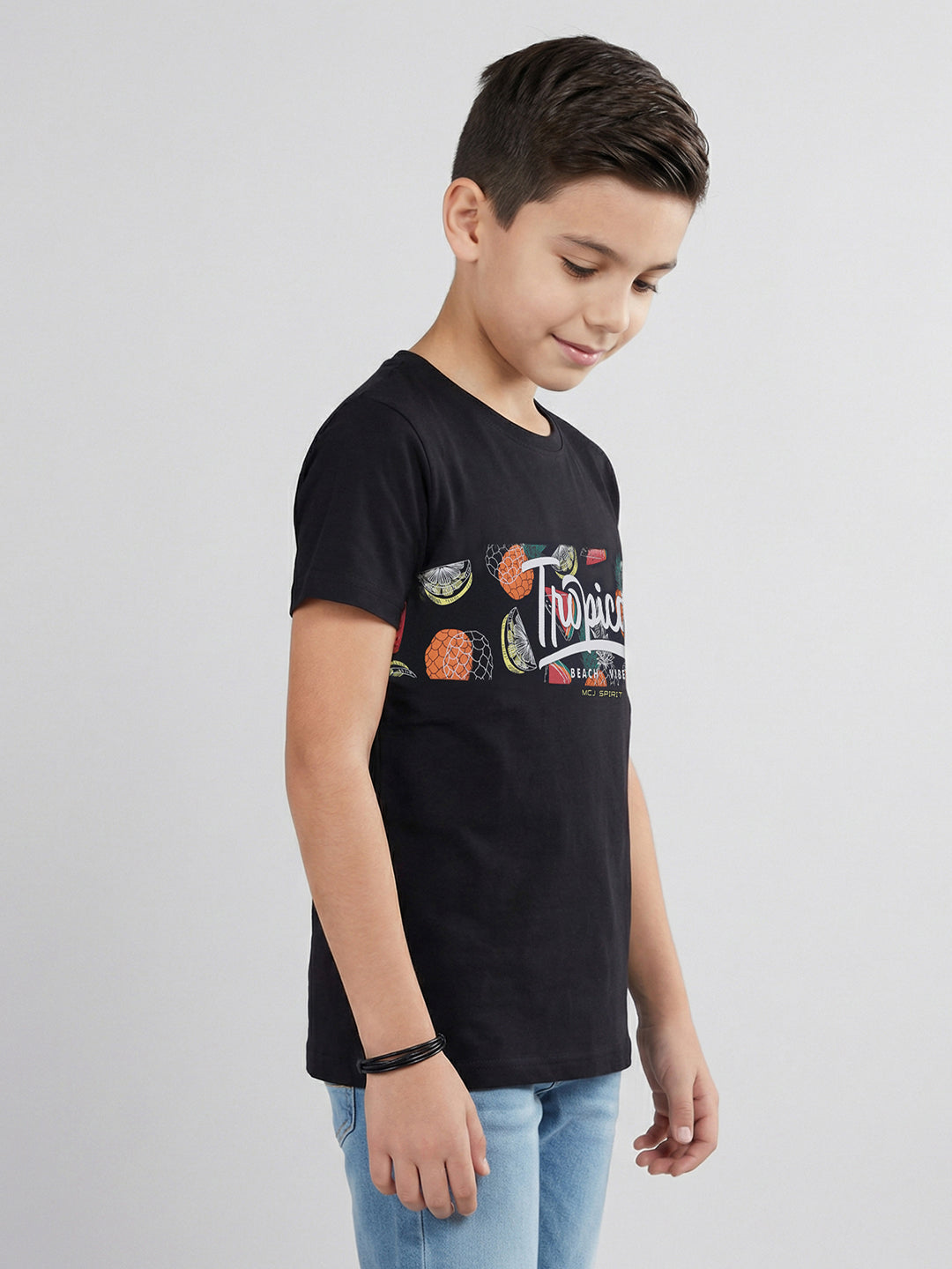 Boys Black Printed Round Neck Half Sleeve T-Shirt