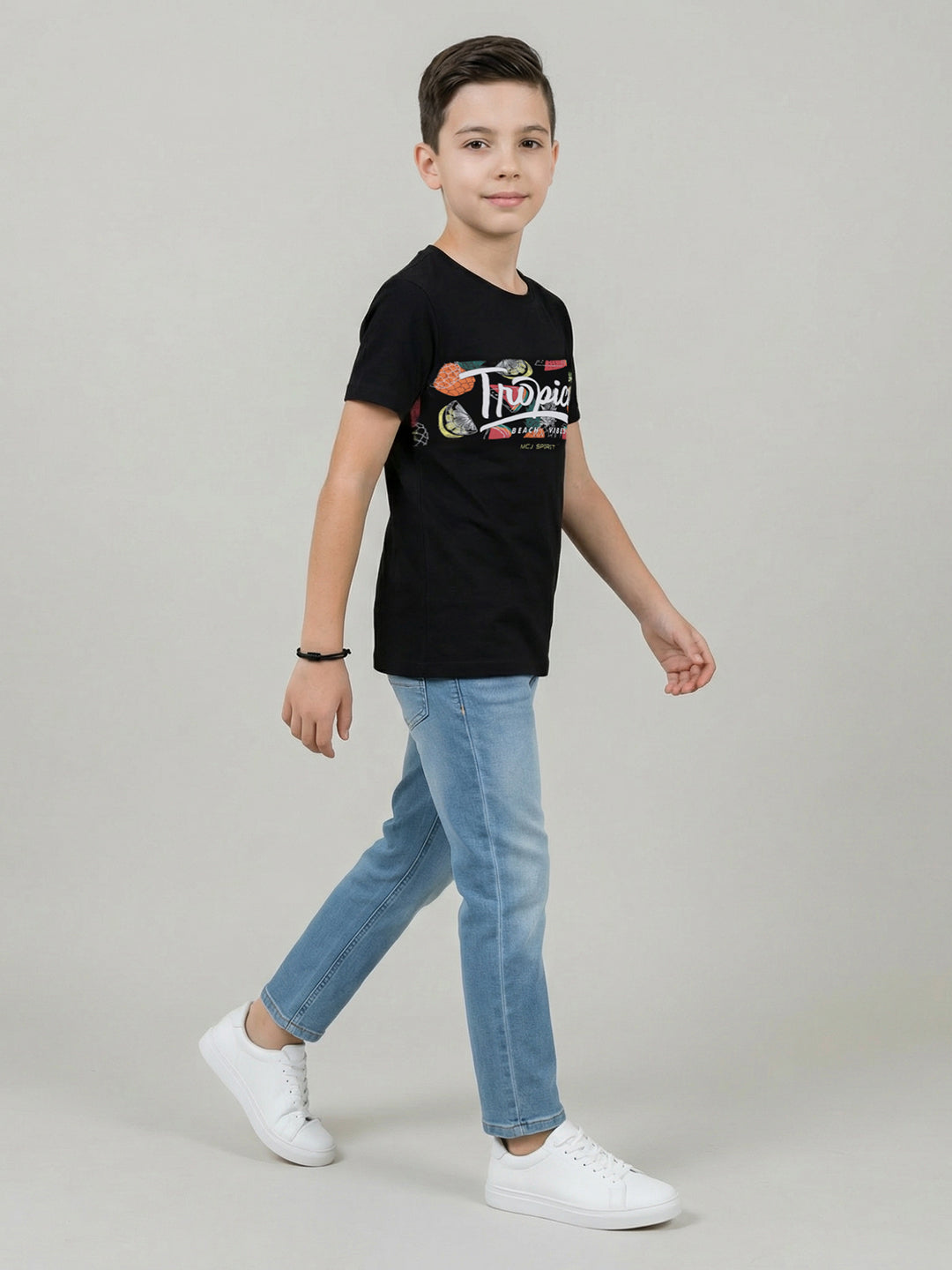 Boys Black Printed Round Neck Half Sleeve T-Shirt
