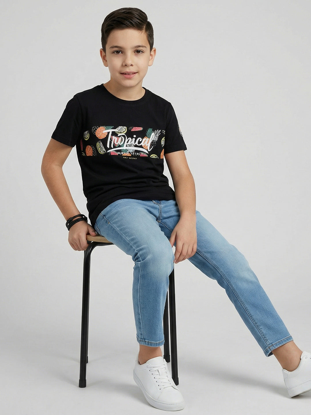 Boys Black Printed Round Neck Half Sleeve T-Shirt