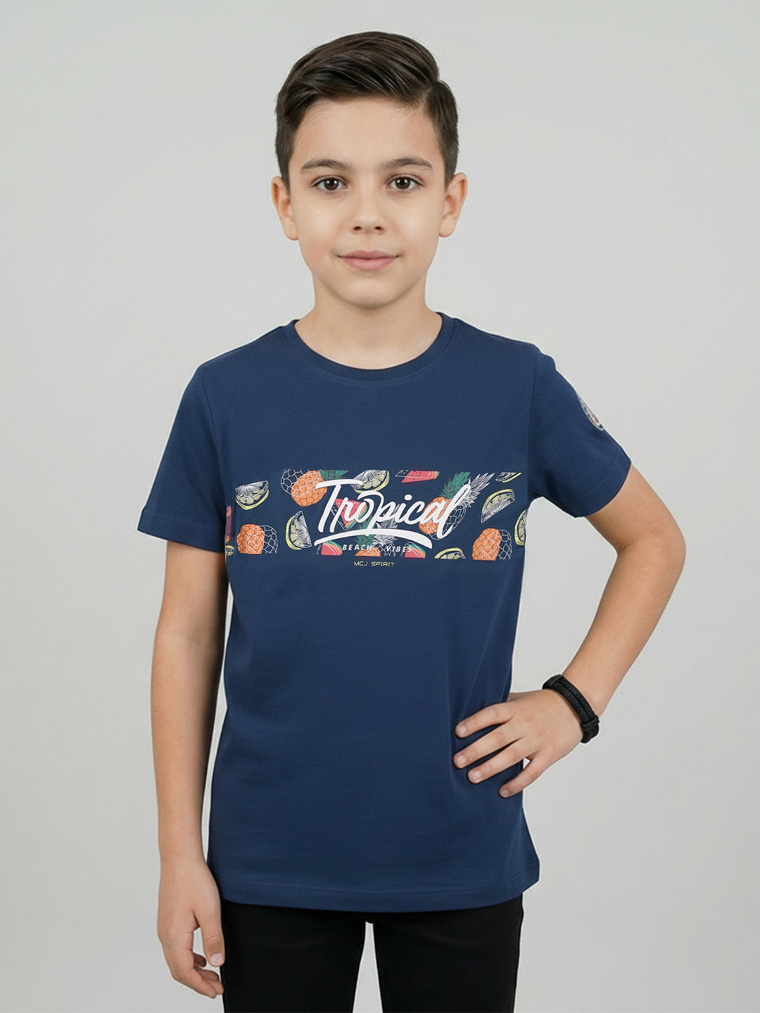 Boys Navy Blue Printed Round Neck Half Sleeve T-Shirt