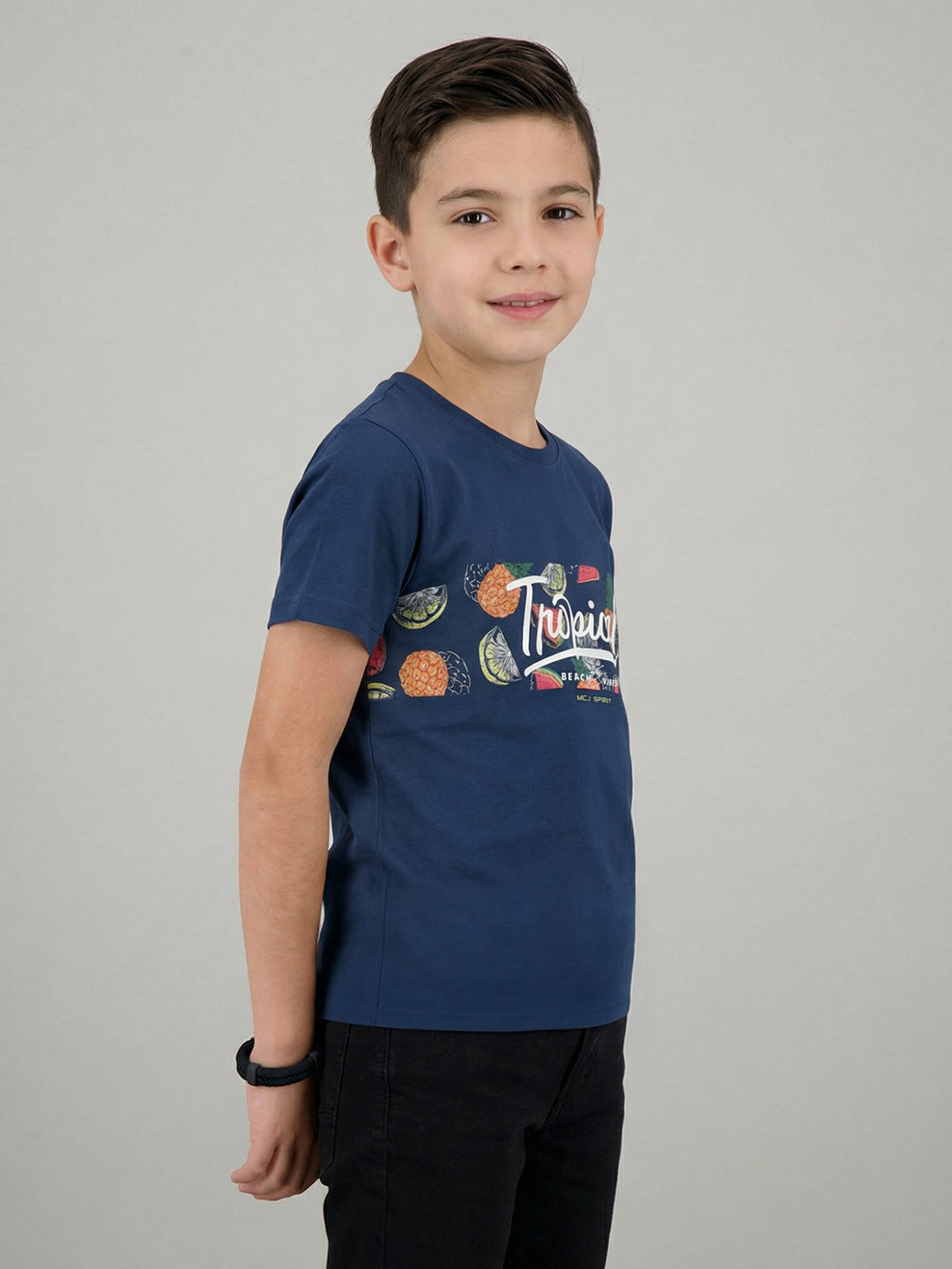 Boys Navy Blue Printed Round Neck Half Sleeve T-Shirt