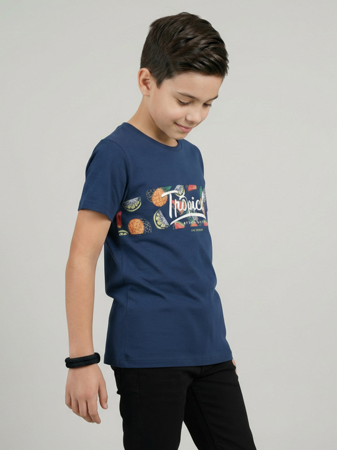 Boys Navy Blue Printed Round Neck Half Sleeve T-Shirt