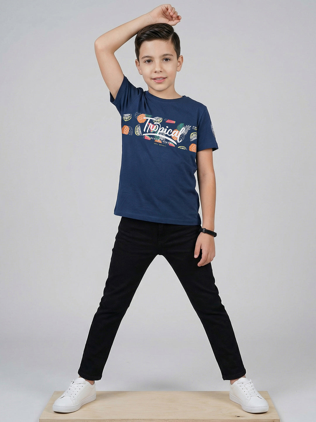 Boys Navy Blue Printed Round Neck Half Sleeve T-Shirt