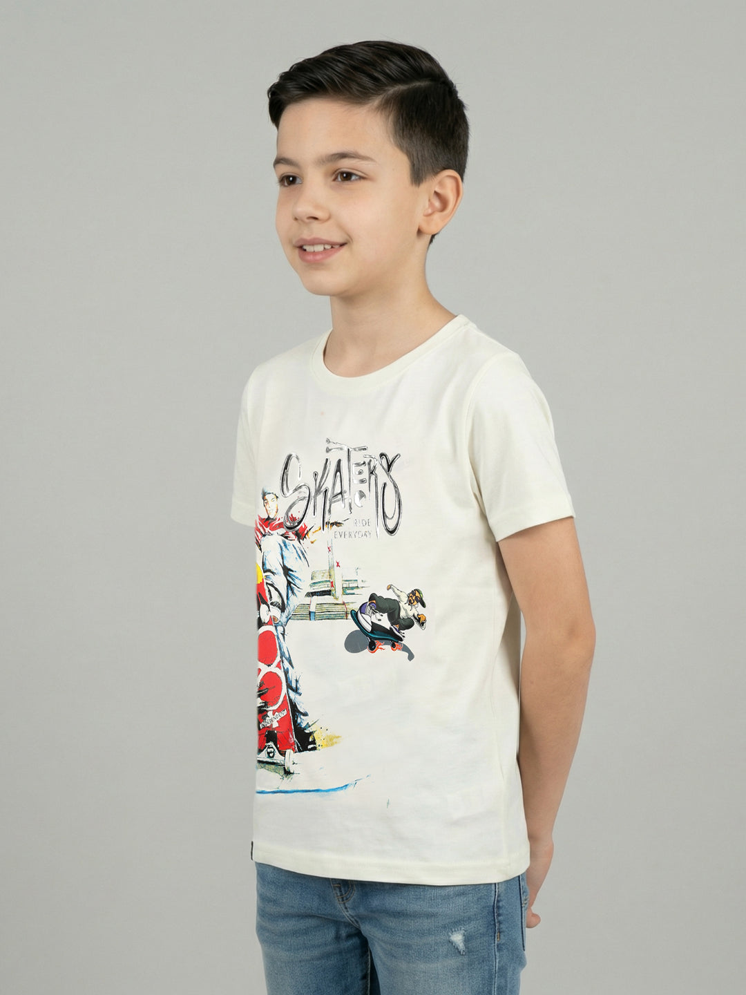 Boys Off White Printed Round Neck Half Sleeve T-Shirt