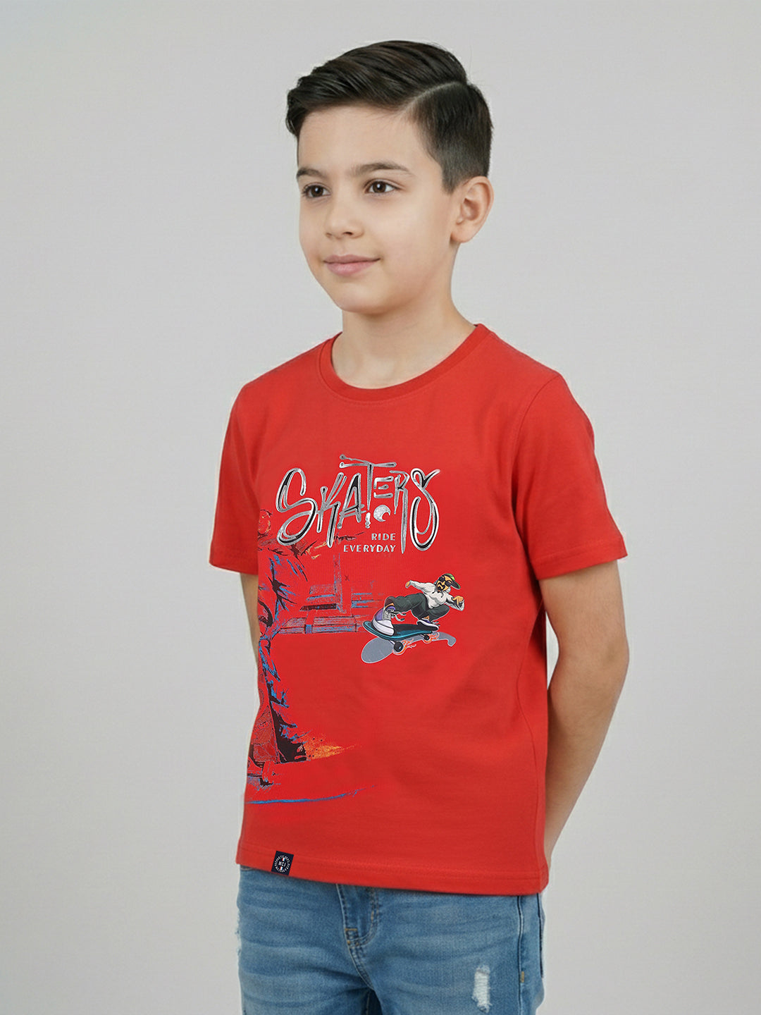 Boys Red Printed Round Neck Half Sleeve T-Shirt