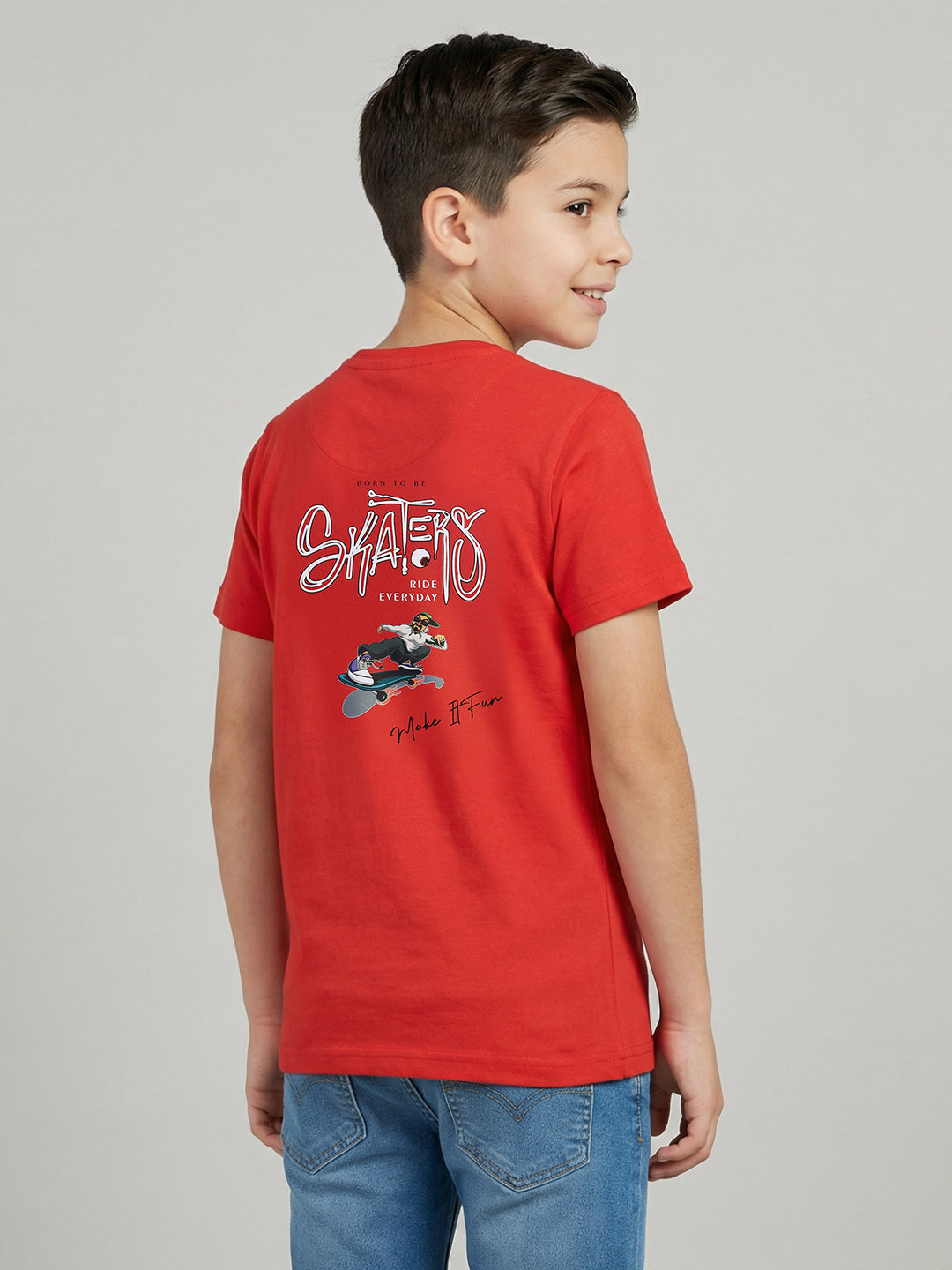 Boys Red Printed Round Neck Half Sleeve T-Shirt