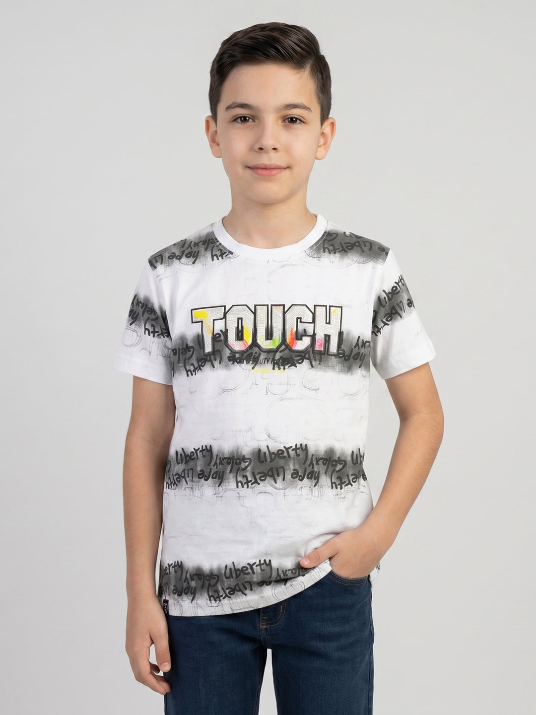 Boys White Printed Round Neck Half Sleeve T-Shirt