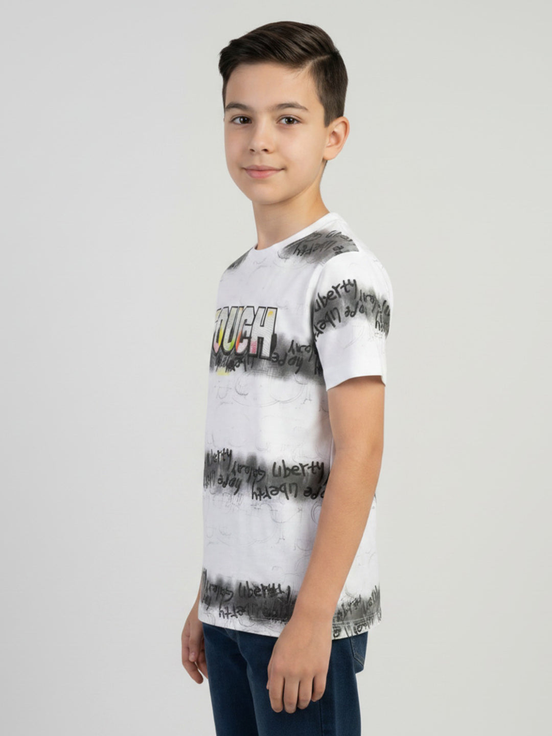 Boys White Printed Round Neck Half Sleeve T-Shirt
