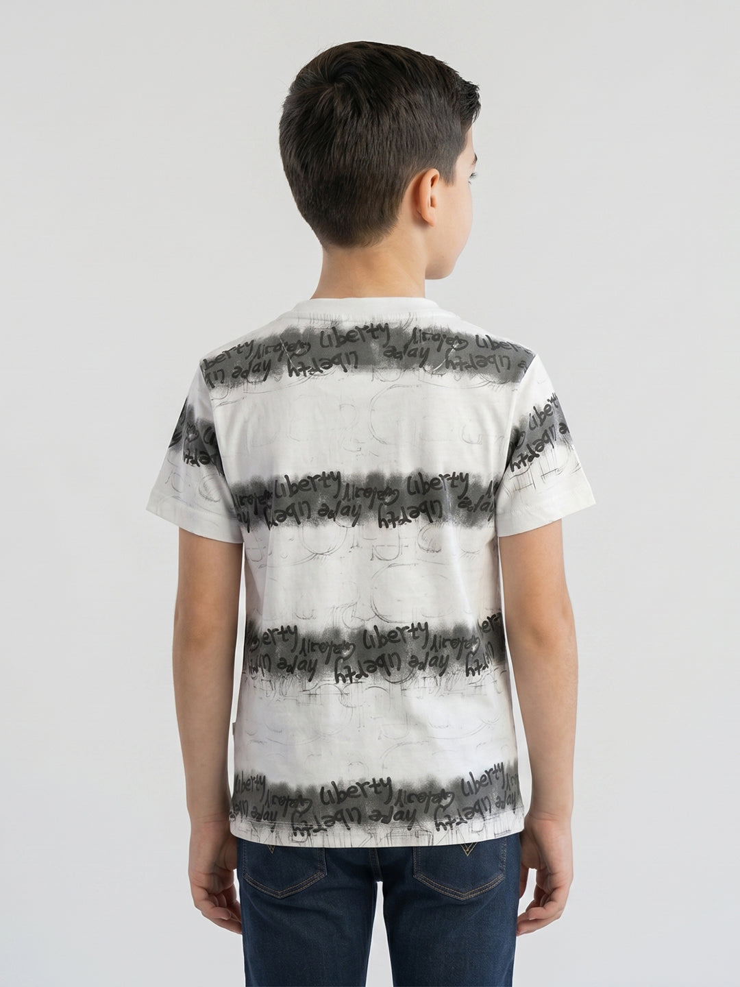 Boys White Printed Round Neck Half Sleeve T-Shirt