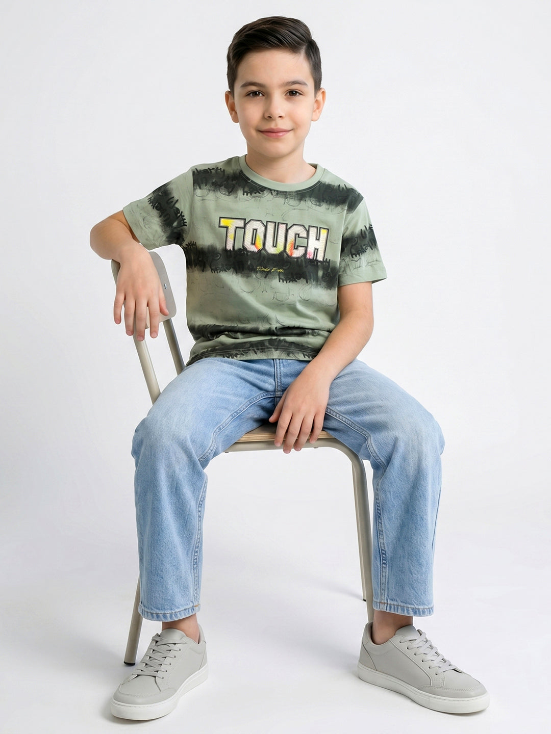 Boys Green Printed Round Neck Half Sleeve T-Shirt