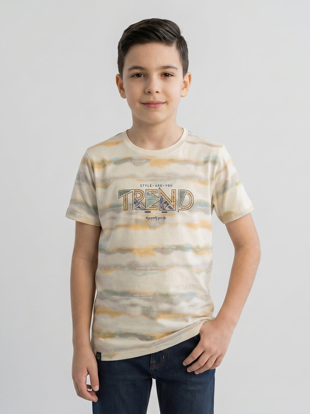 Boys Cream Printed Round Neck Half Sleeve T-Shirt