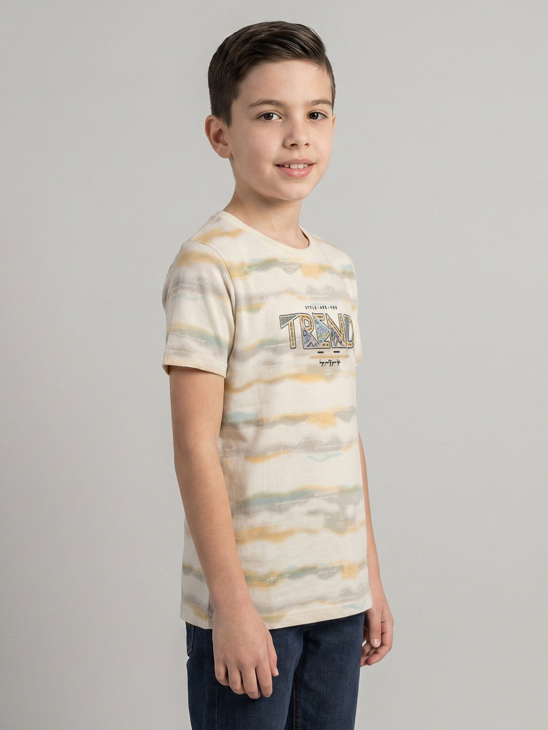 Boys Cream Printed Round Neck Half Sleeve T-Shirt