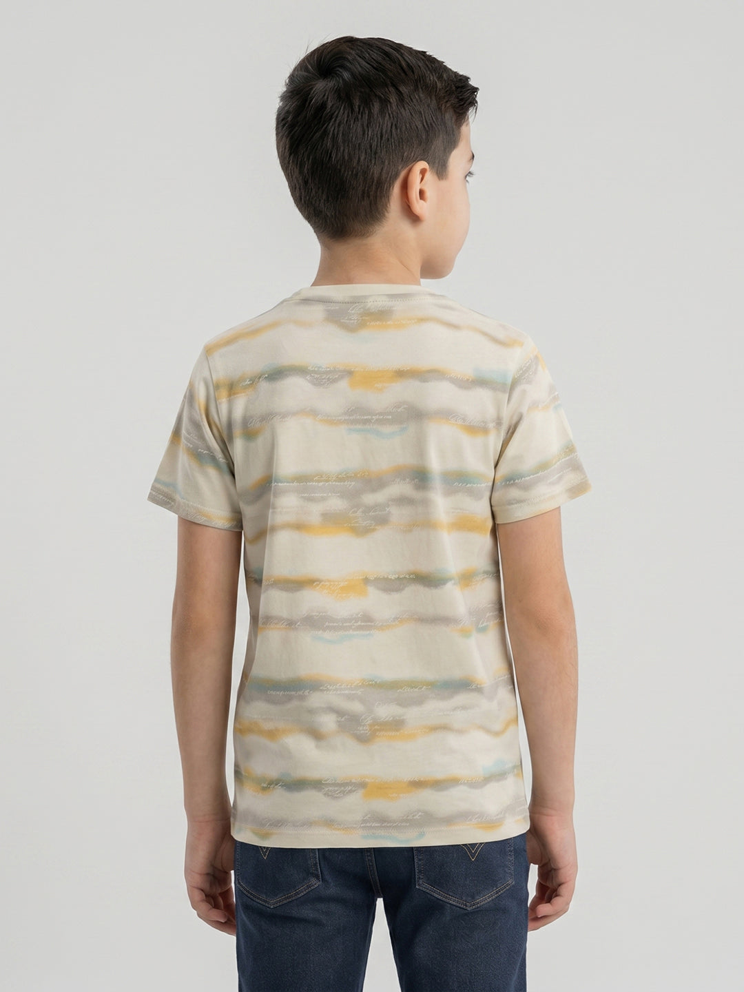 Boys Cream Printed Round Neck Half Sleeve T-Shirt
