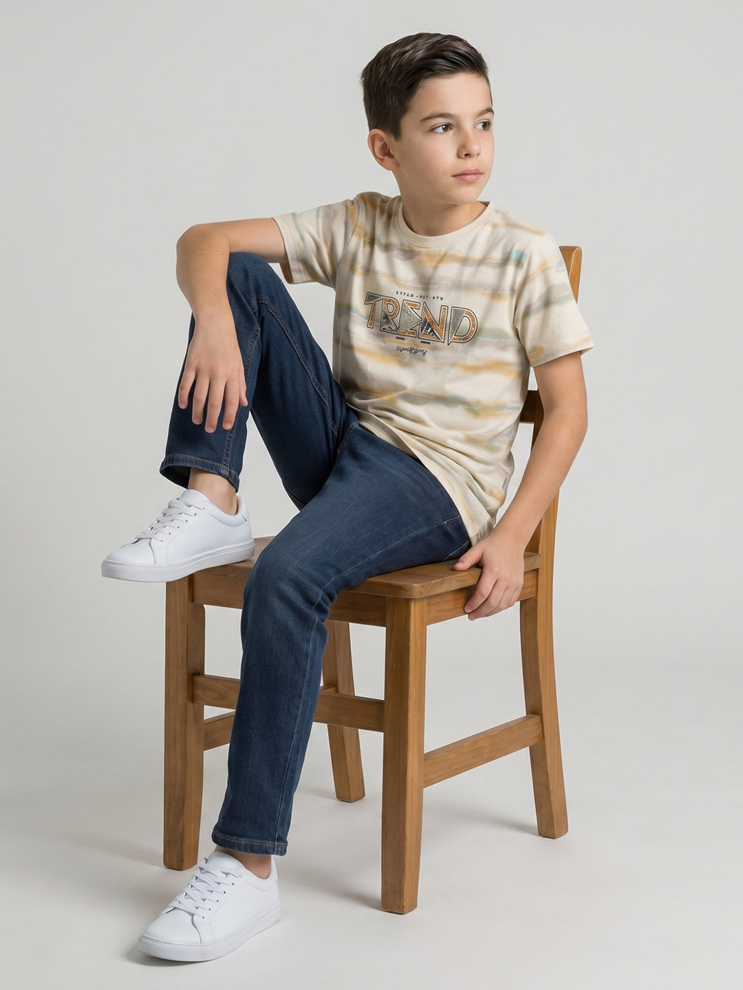 Boys Cream Printed Round Neck Half Sleeve T-Shirt