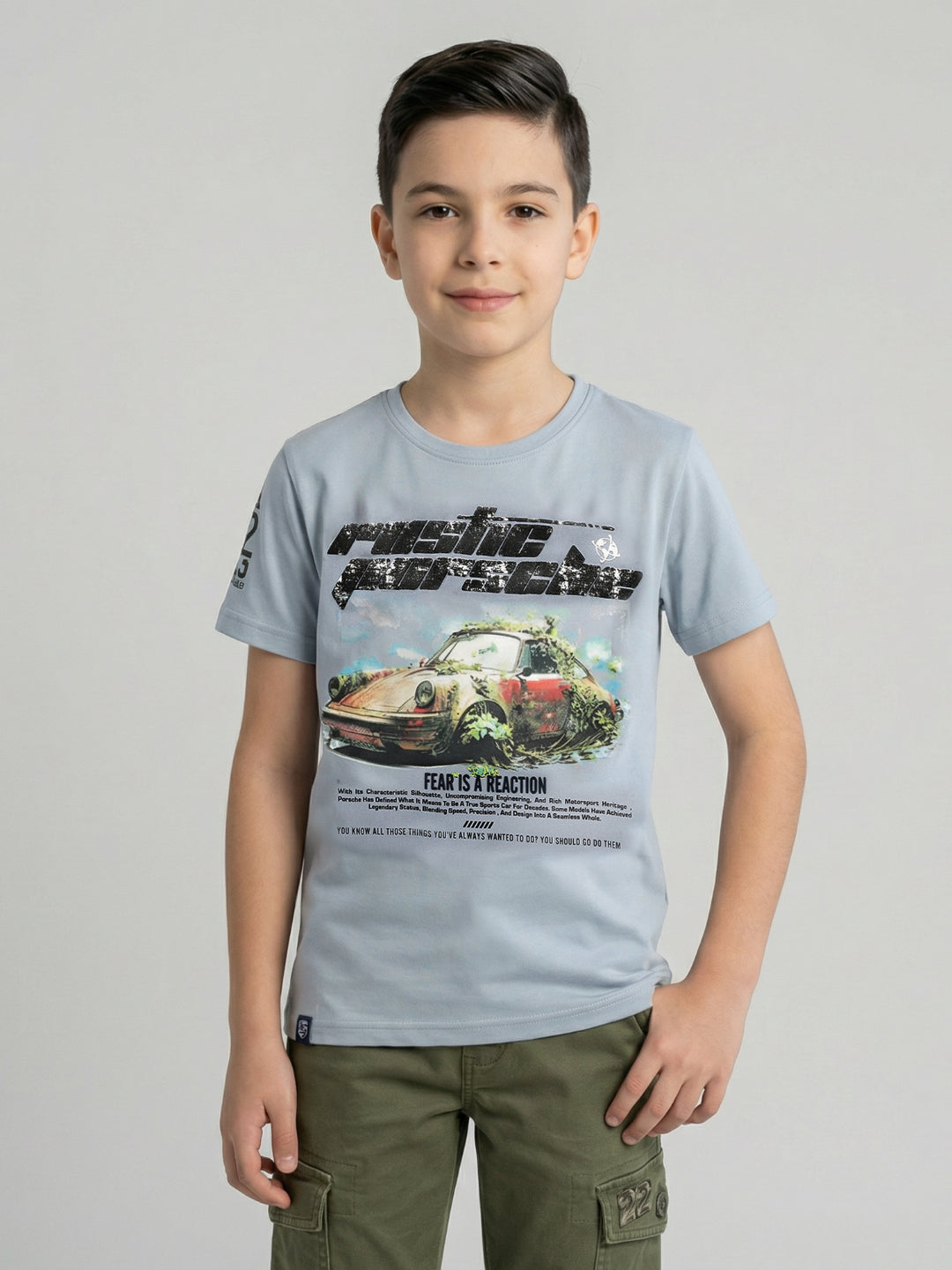 Boys Grey Printed Round Neck Half Sleeve T-Shirt