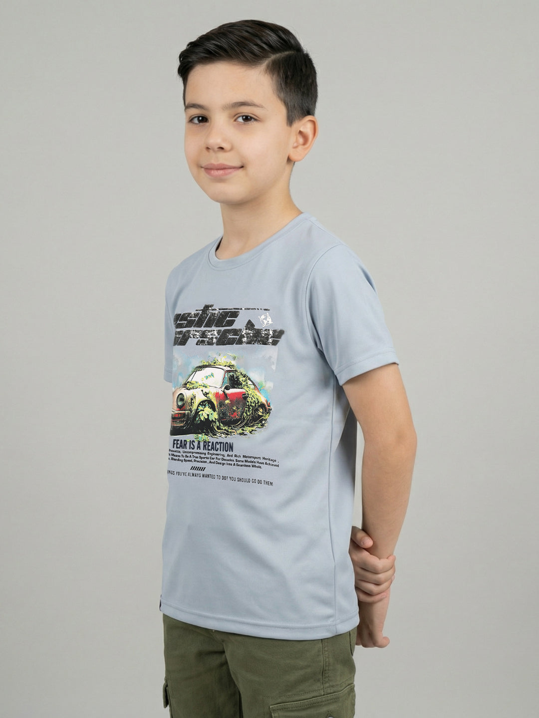 Boys Grey Printed Round Neck Half Sleeve T-Shirt