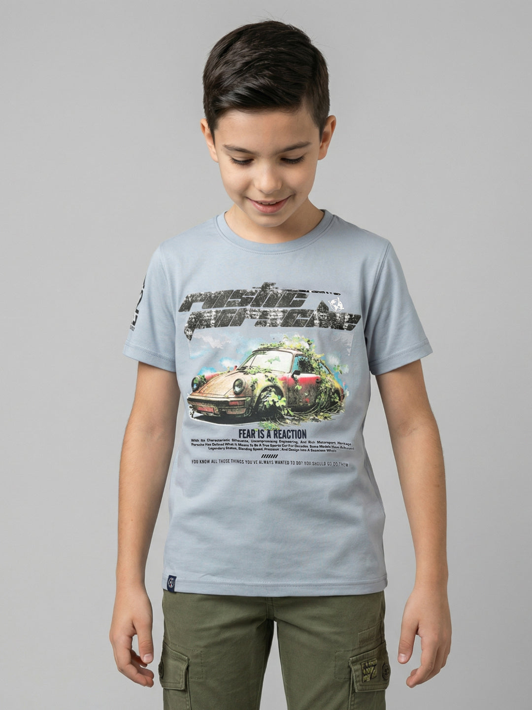 Boys Grey Printed Round Neck Half Sleeve T-Shirt